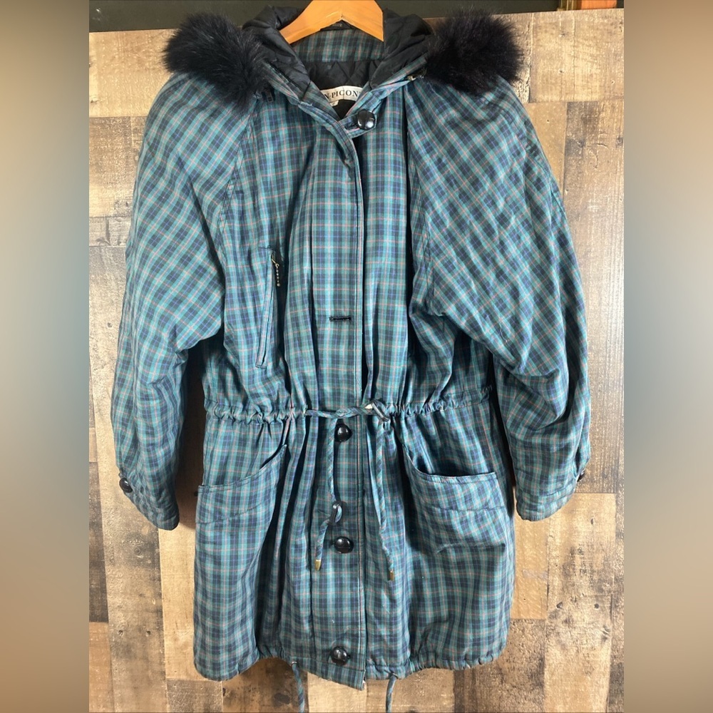 Evan‎ Picone Green Plaid Striped Coat Zipper Fur Trimmed Hooded Women Sz 8 Vtg